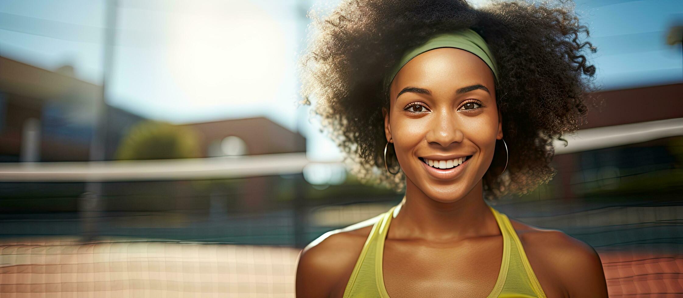 Smiling African American woman playing pickleball outdoors making eye contact with camera Ample room for text photo