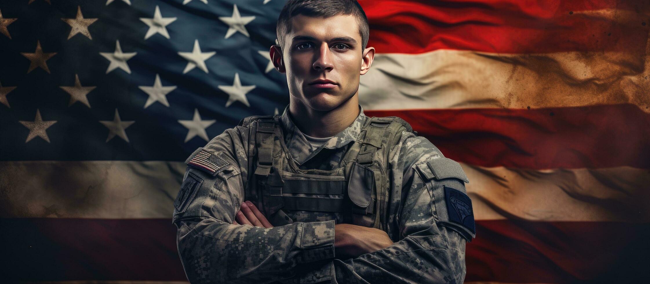 Composite image of a pensive soldier with armed forces day text space for copy military patriotism photo