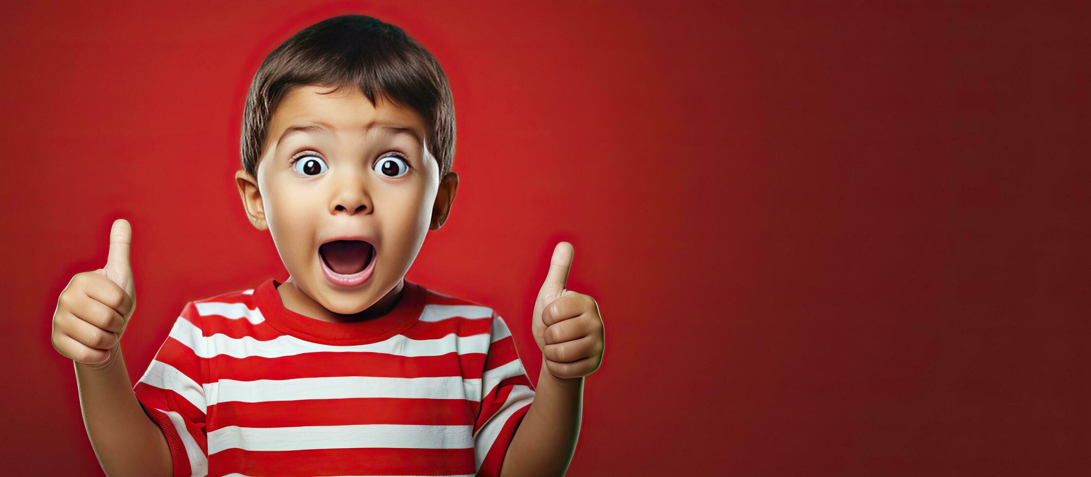 Excited little boy in striped shirt pointing to empty space offering room for ad photo