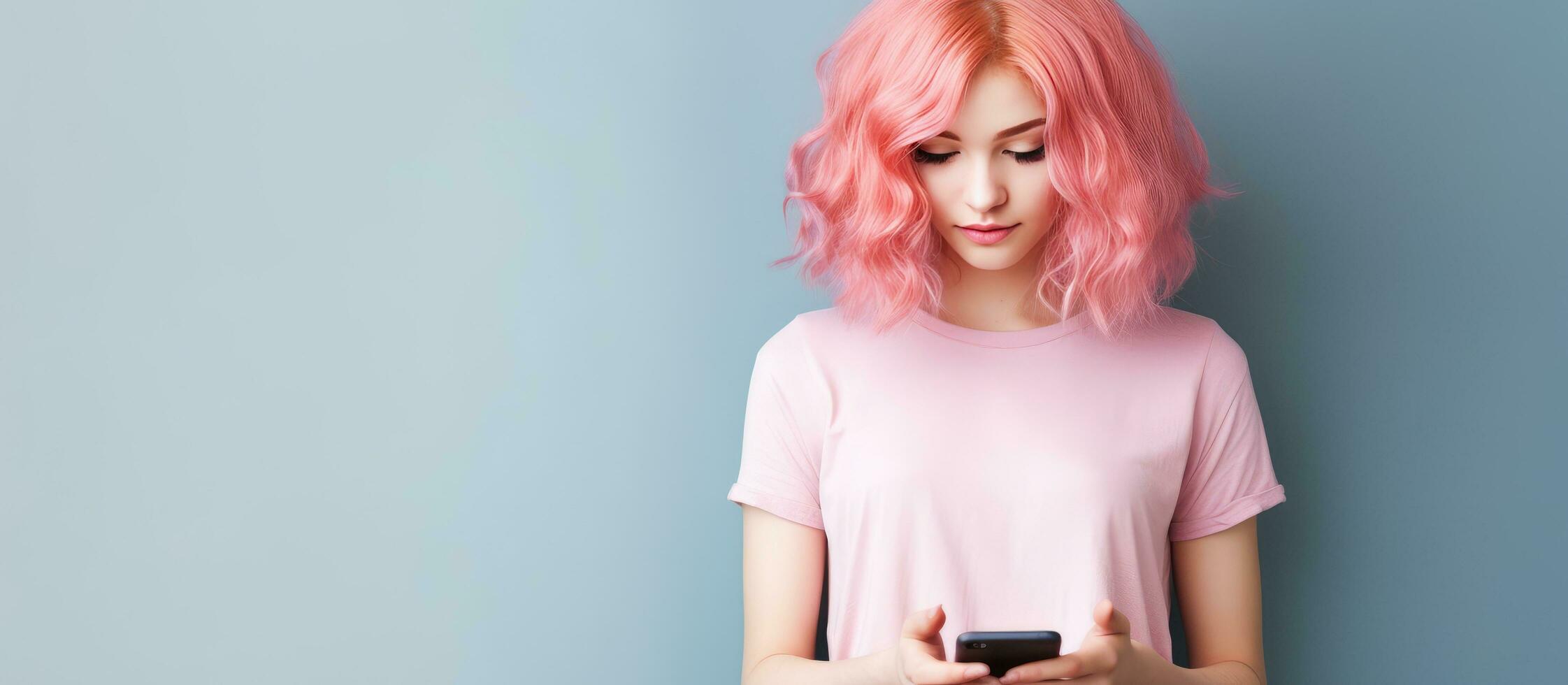 Sad young woman with moody expression pink top and long pink wig holds phone conveying sadness and emptiness blank area for text photo
