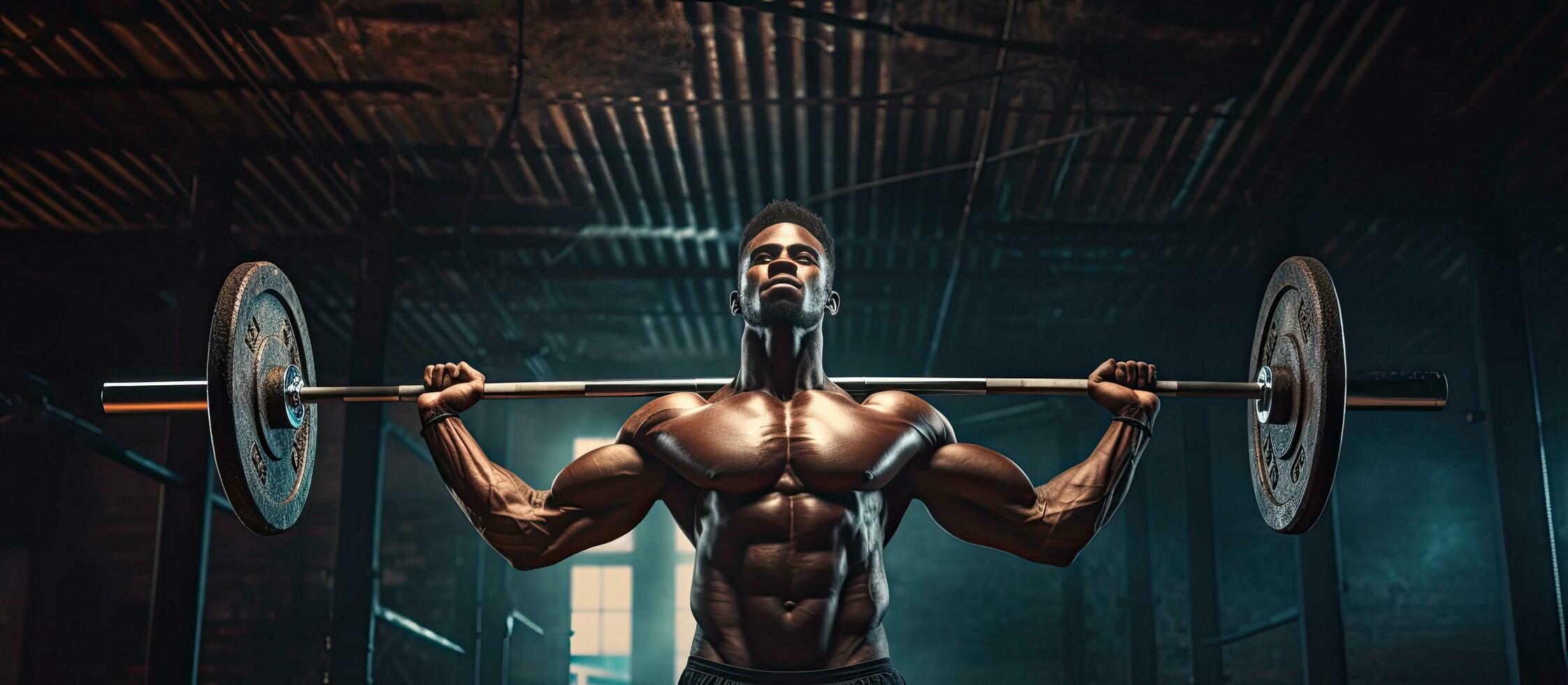 African American bodybuilder exercising at the gym focusing on his arms and looking at a blank area The muscular shirtless man is committed to a health photo