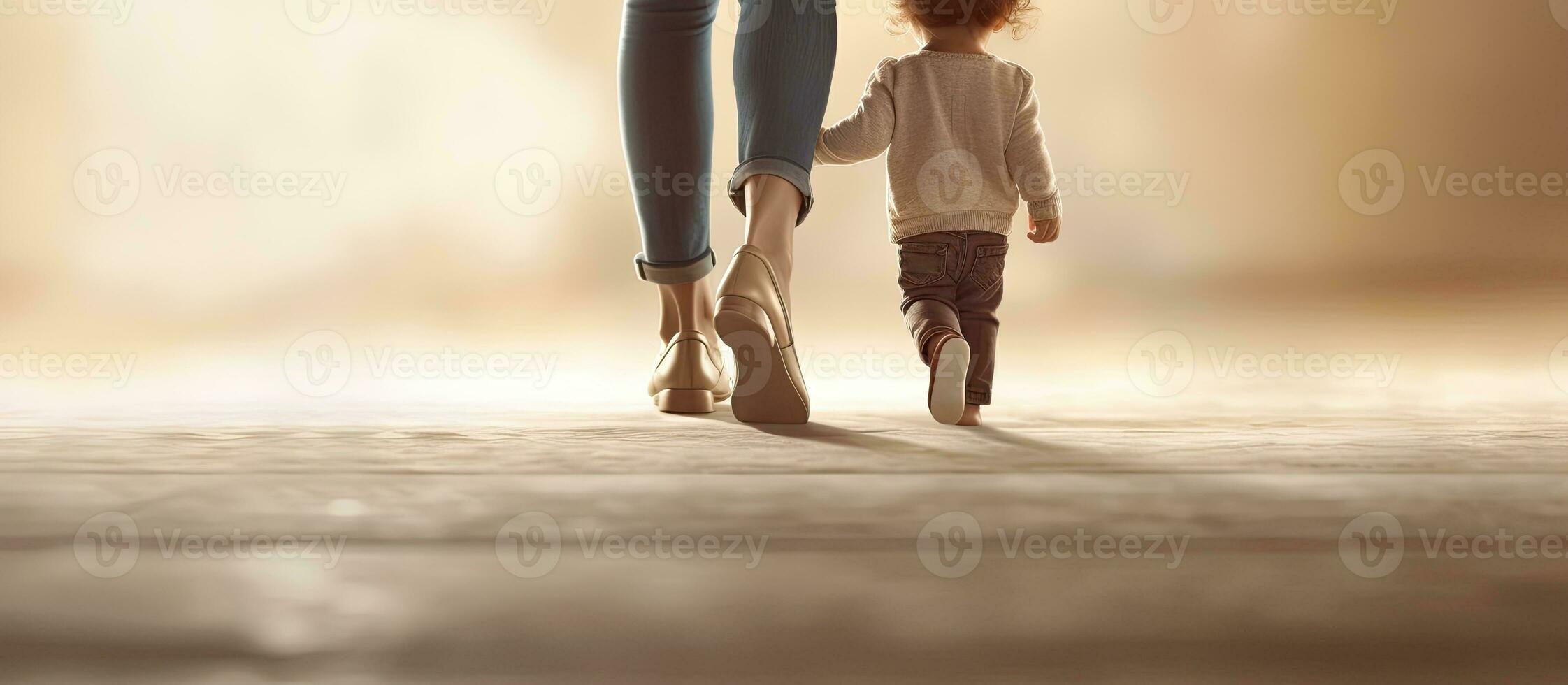 Baby standing on mom s feet learning to walk with support photo