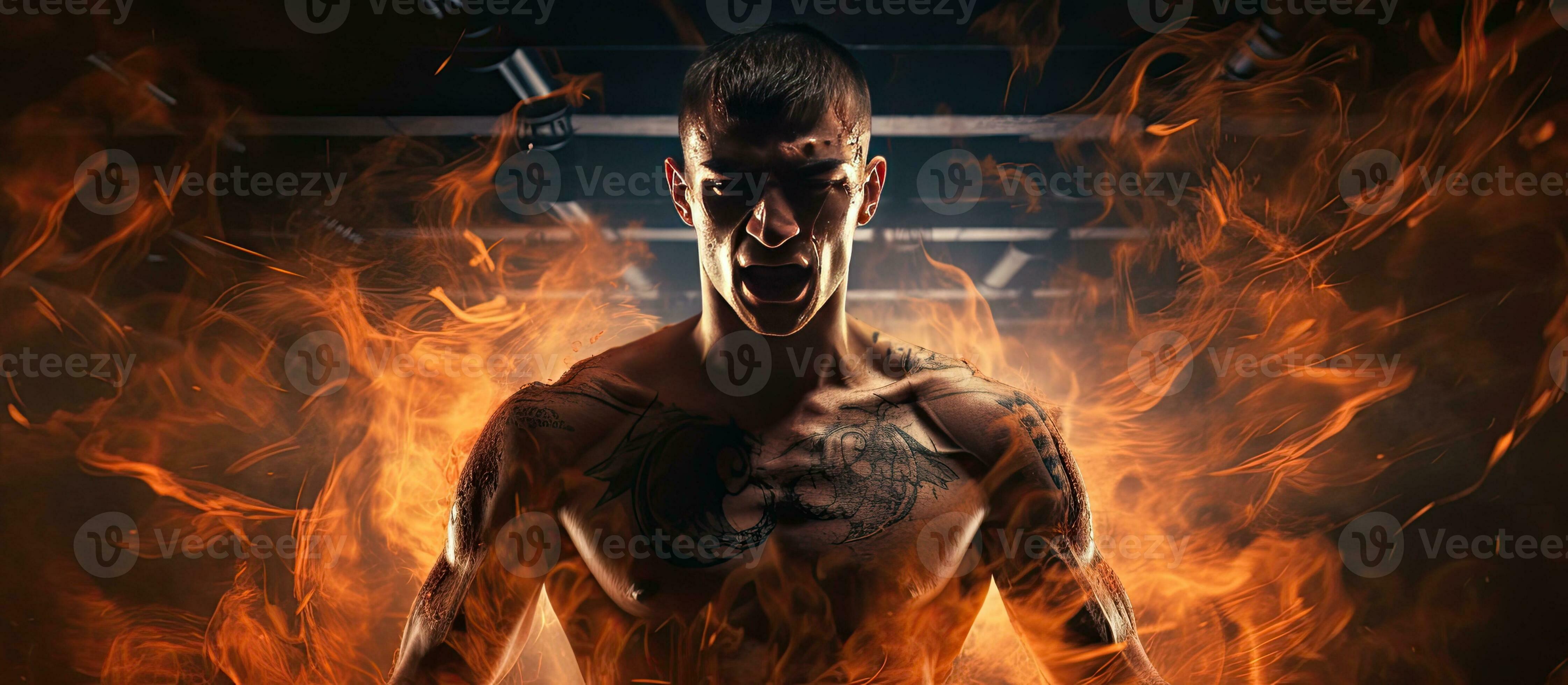 Muay Thai boxer performing in a boxing cage with background effects