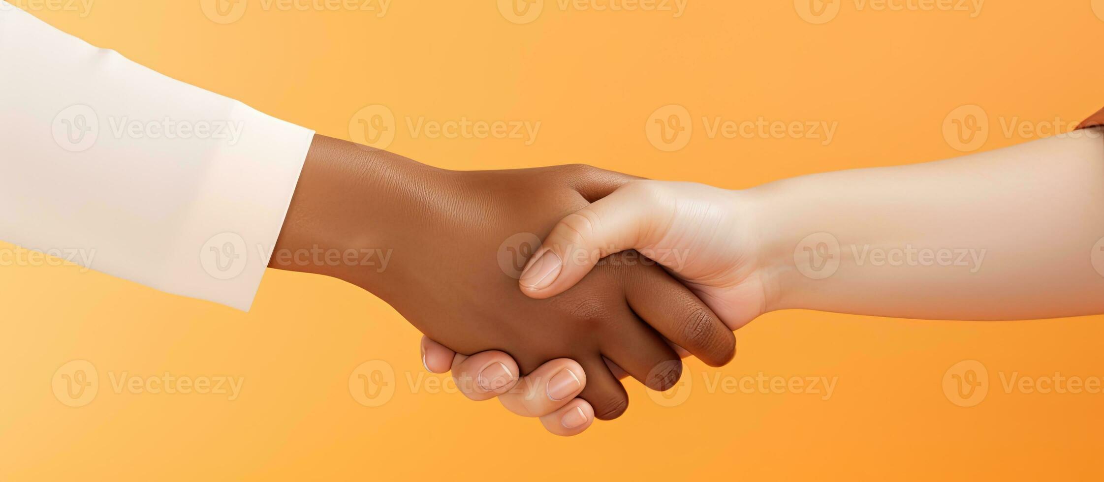 Caucasian woman with handshake gesture on orange background representing greetings and beginnings for National Handshake Day photo