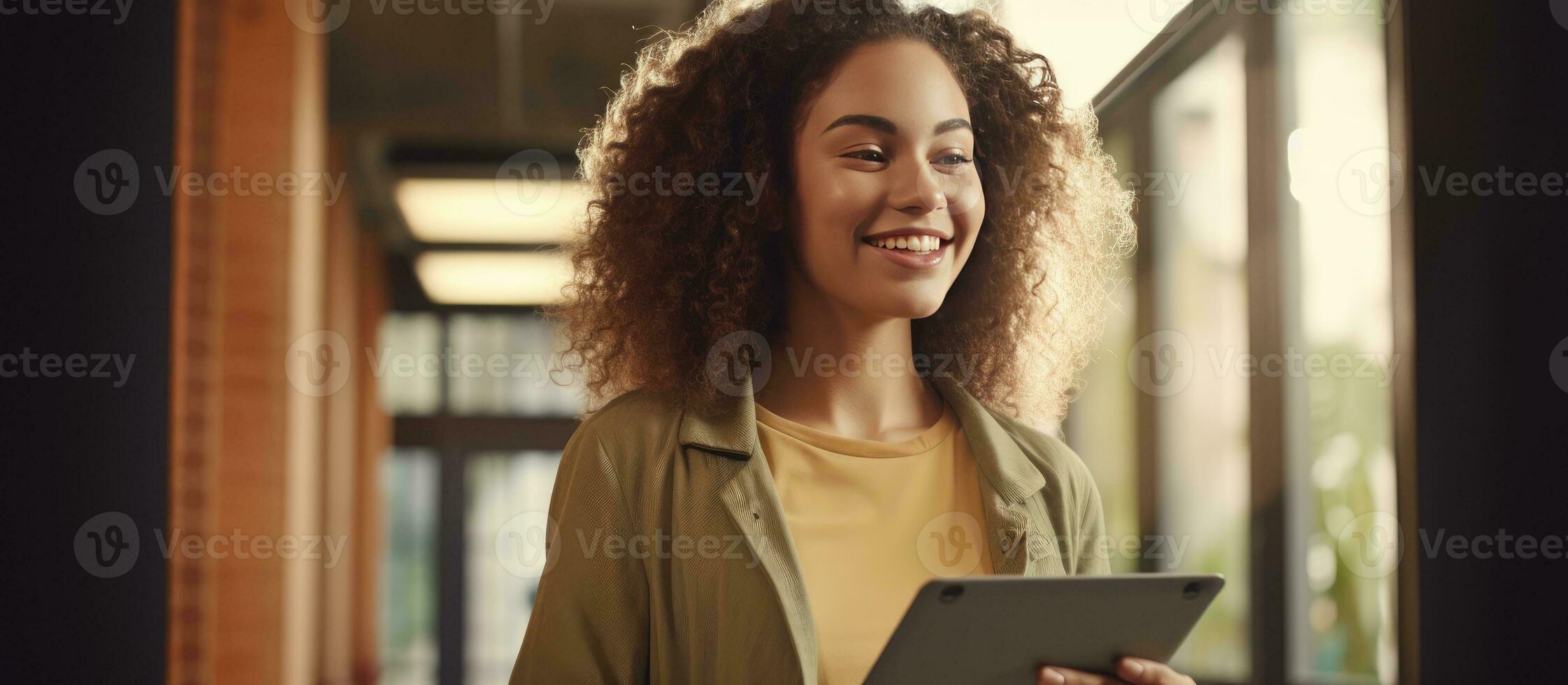 Young woman student using digital tablet standing on campus with laptop and empty space photo