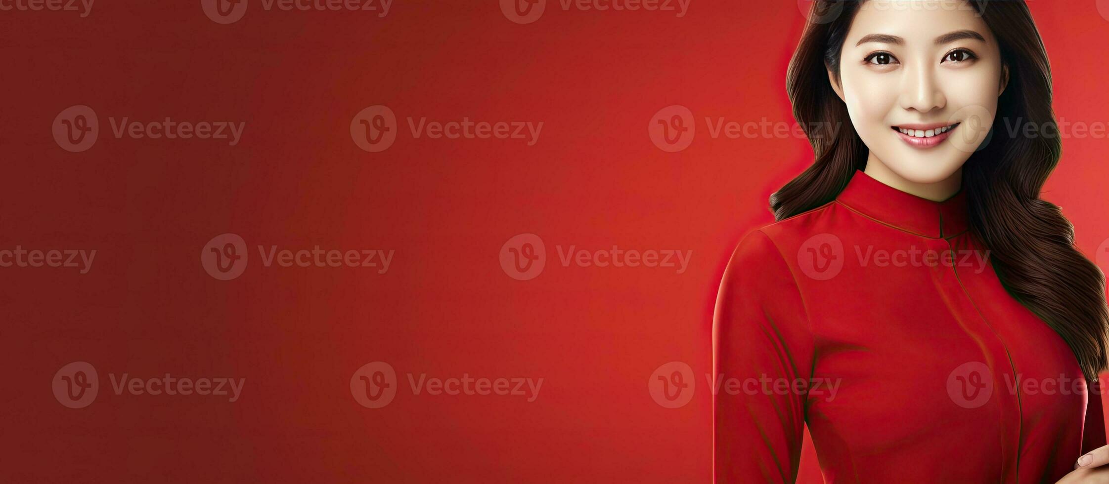 Smiling Asian woman in red outfit pointing with copy space photo