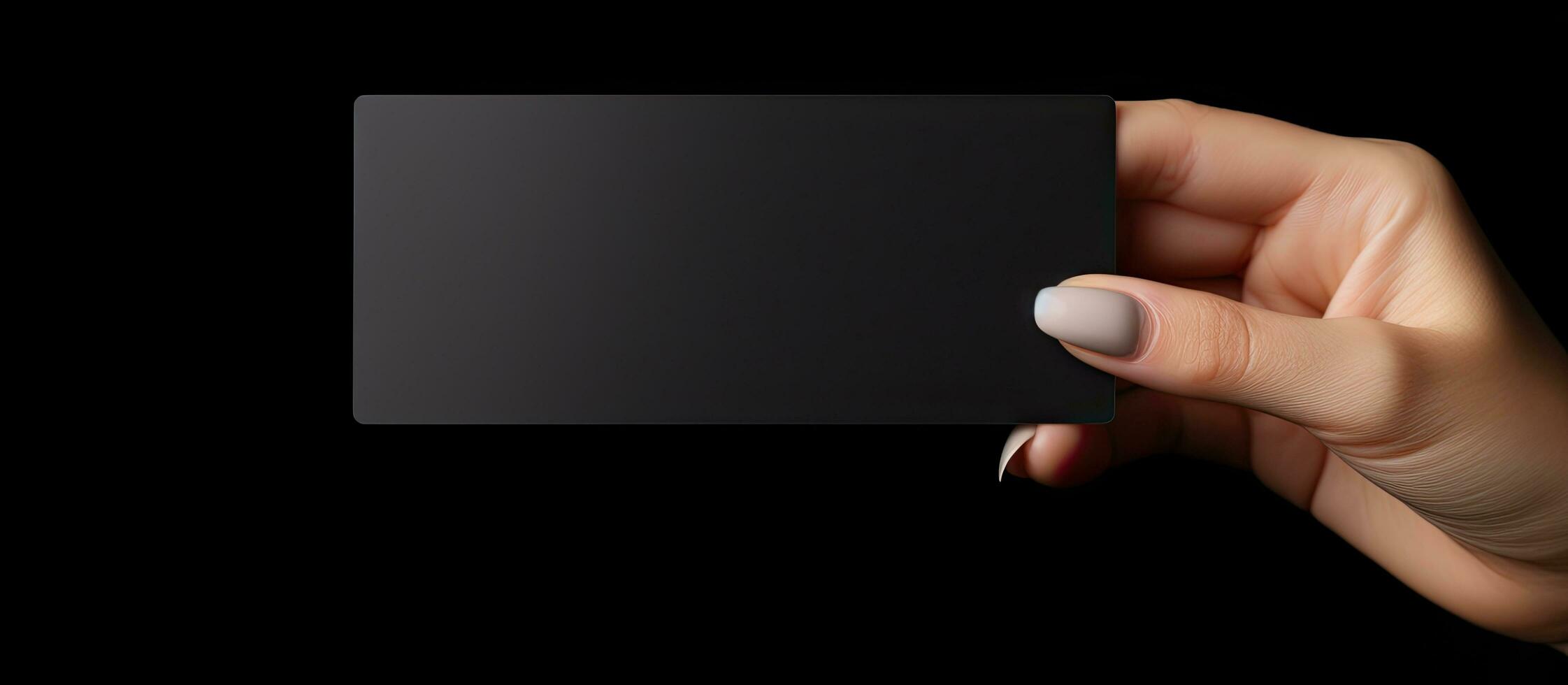 Caucasian woman s hand holds black business card on black background Symbolizes business and writing space photo