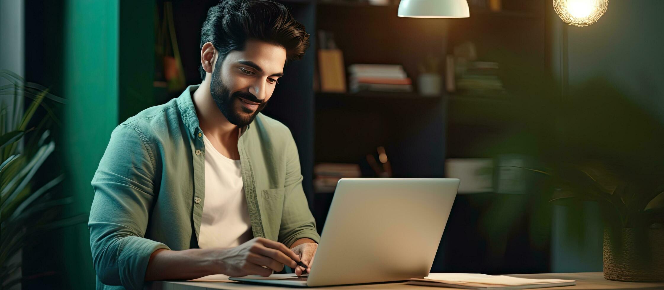 Indian man using digital tablet at home office browsing internet on modern gadget enjoying new app photo