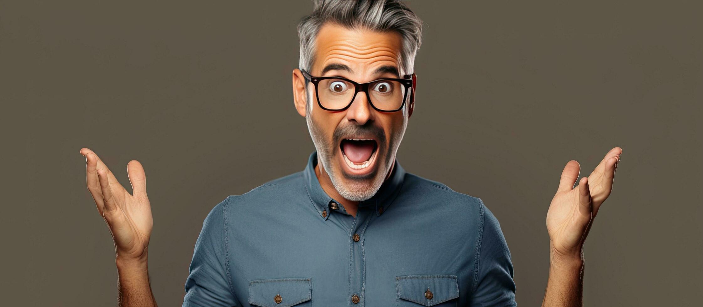Middle aged man in awe pointing upwards with both hands towards empty area photo