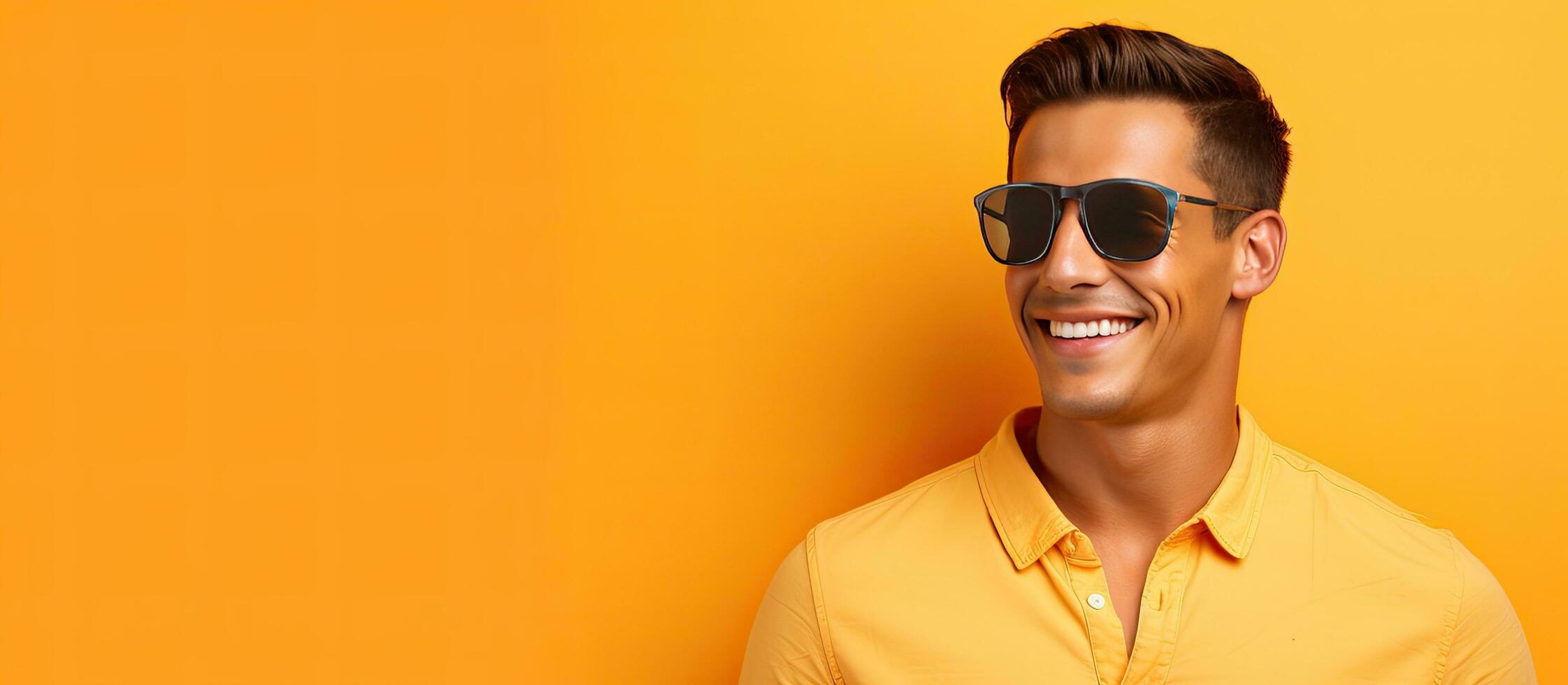 High quality photo of a young male entrepreneur in sunglasses posting to copy space on an orange background during summer holidays