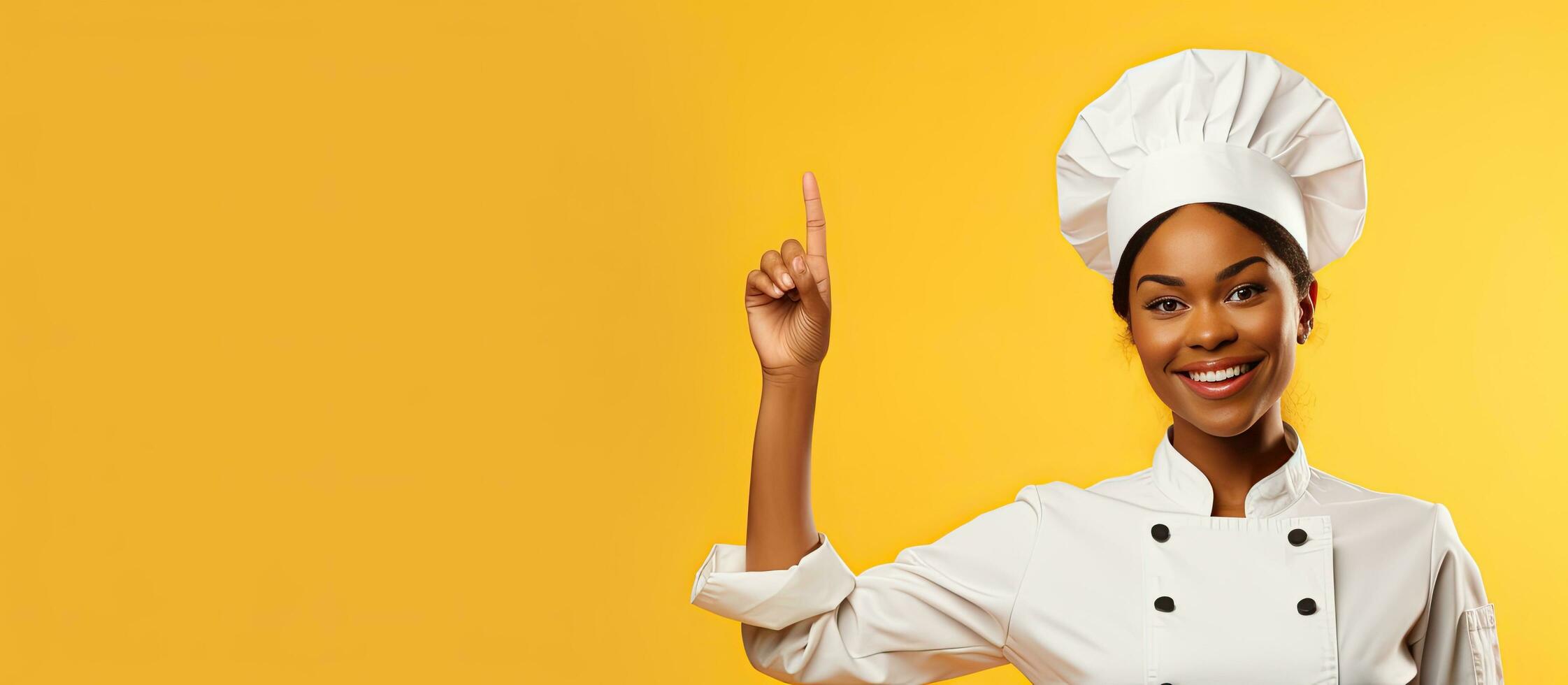 Black female chef smiling and pointing upwards wearing uniform presenting menu on yellow background photo