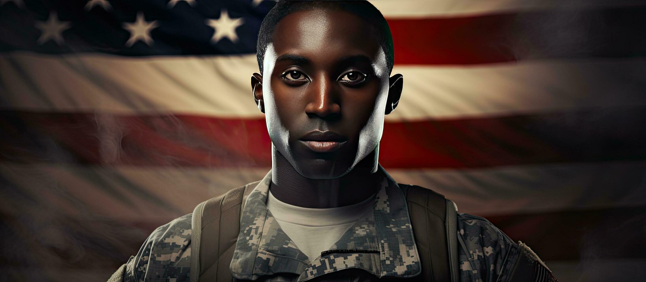 Composite of young African American army soldier with copy space for armed forces celebration photo