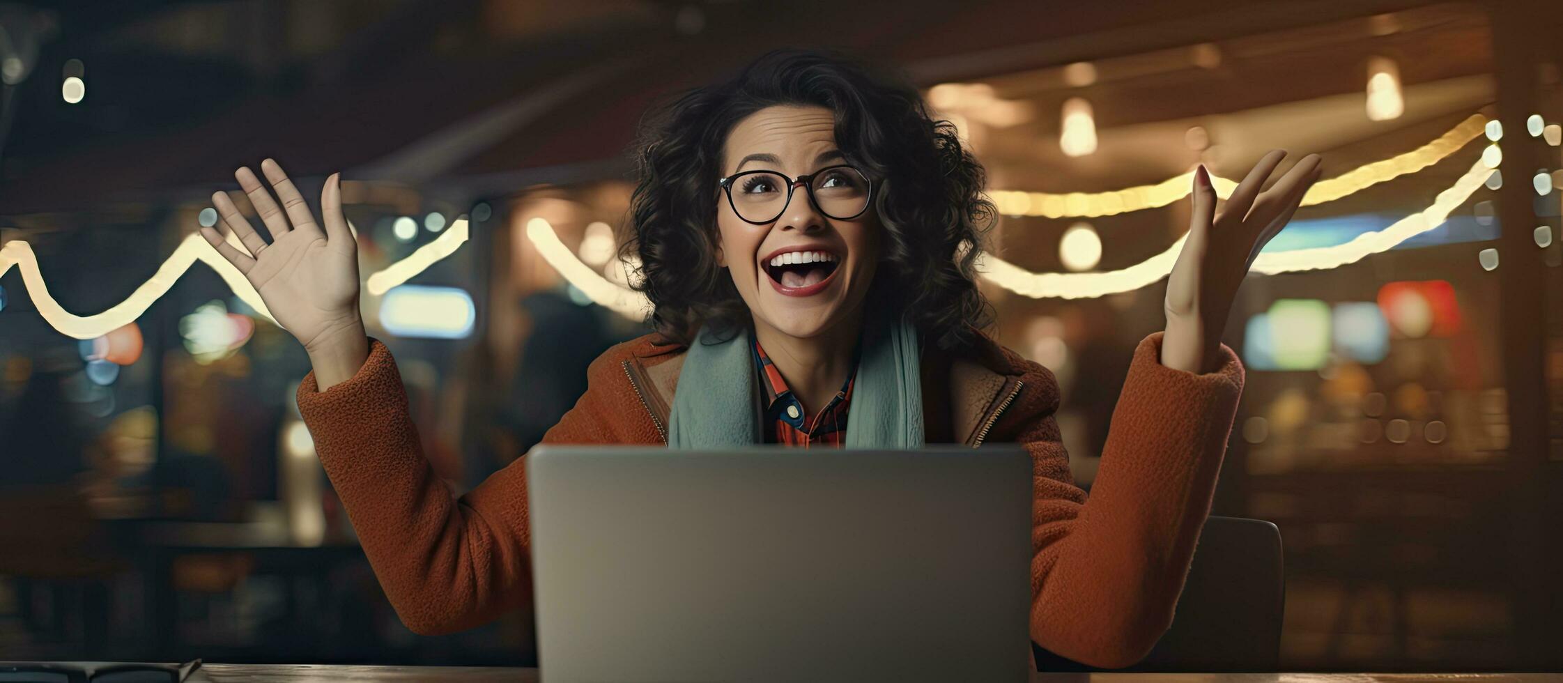 An enthusiastic middle aged woman working on her laptop at night happily pointing to the side with open palms to display a copy space for advertising purp photo