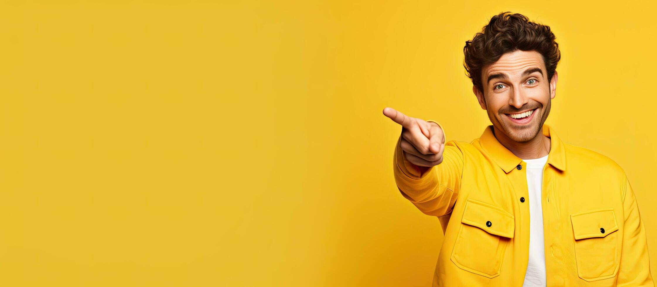 Young man with joyful expression pointing fingers away from his palm on yellow background photo