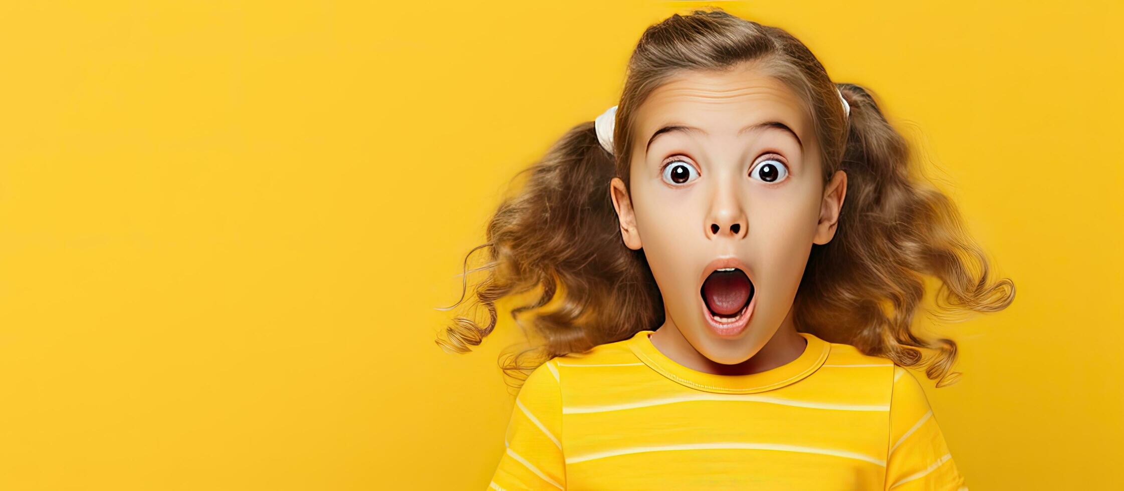 sorprendido caucásico niña en a rayas t camisa puntos en otra parte en Copiar espacio indicando alguna cosa foto