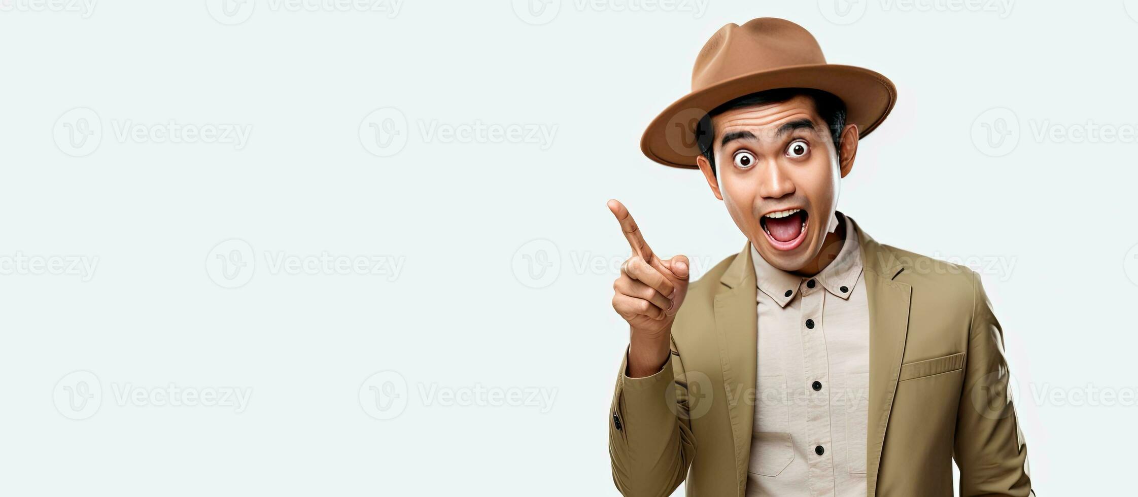 Excited Indonesian man wearing traditional headwear gesturing to empty copy space isolated on white background photo