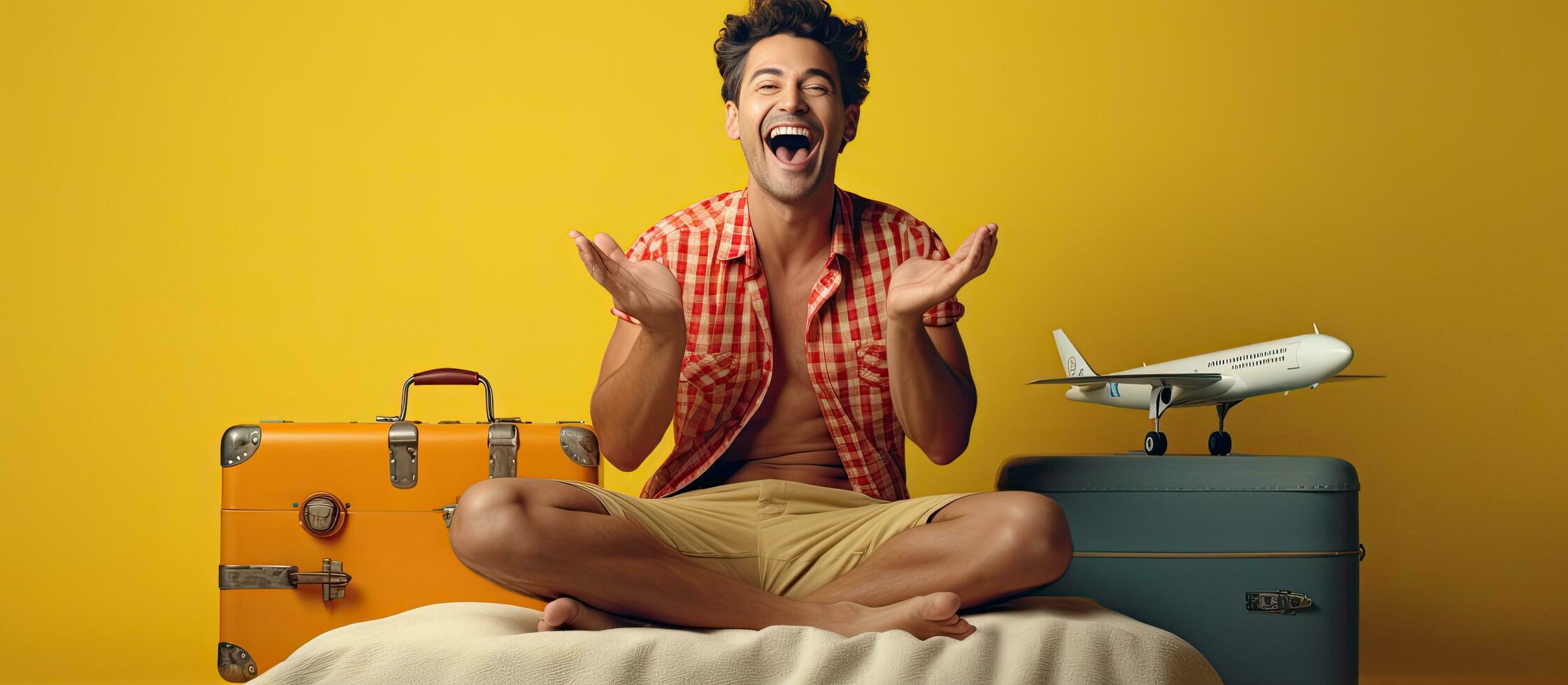 emocionado hombre imitando avión sentado con maleta a hogar Listo para vacaciones foto