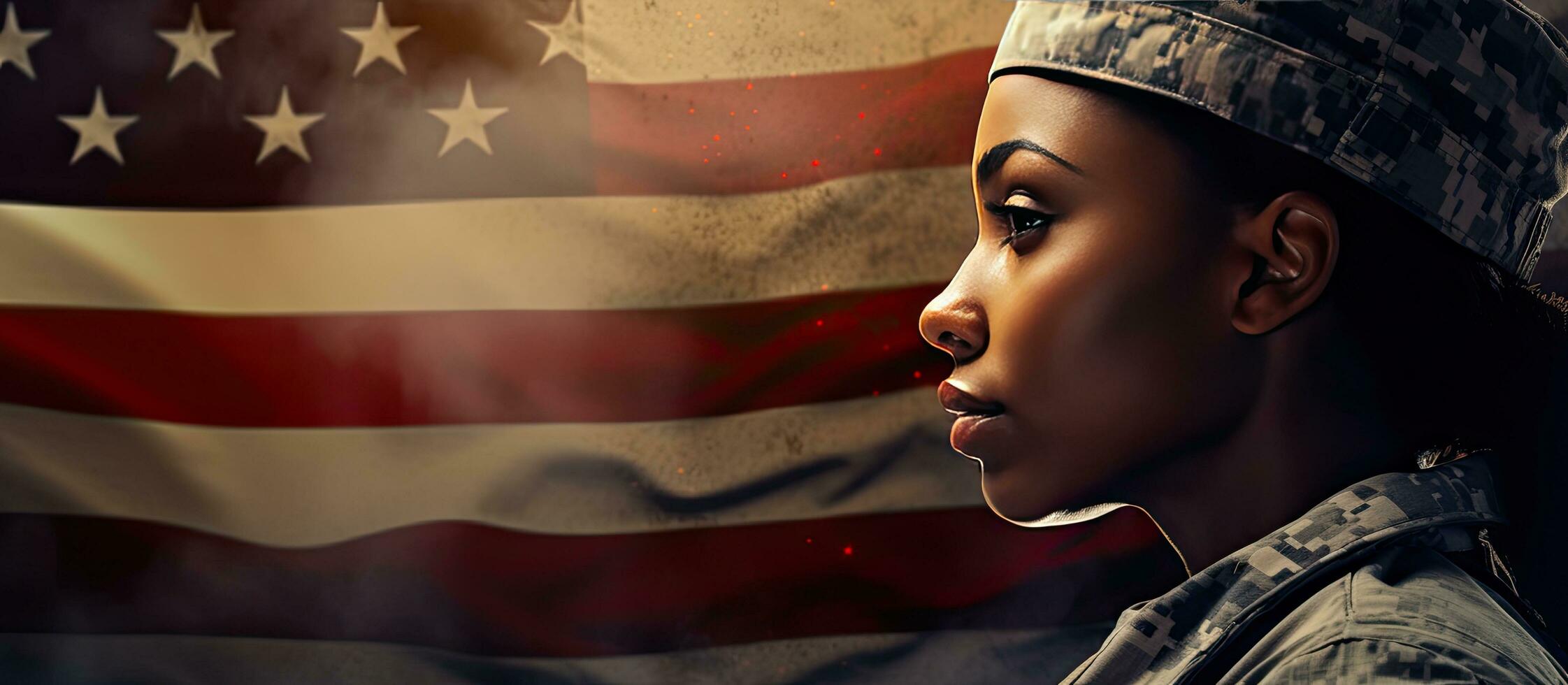 African American female soldier celebrating Veterans Day and being thanked for her service Composite image with military theme photo