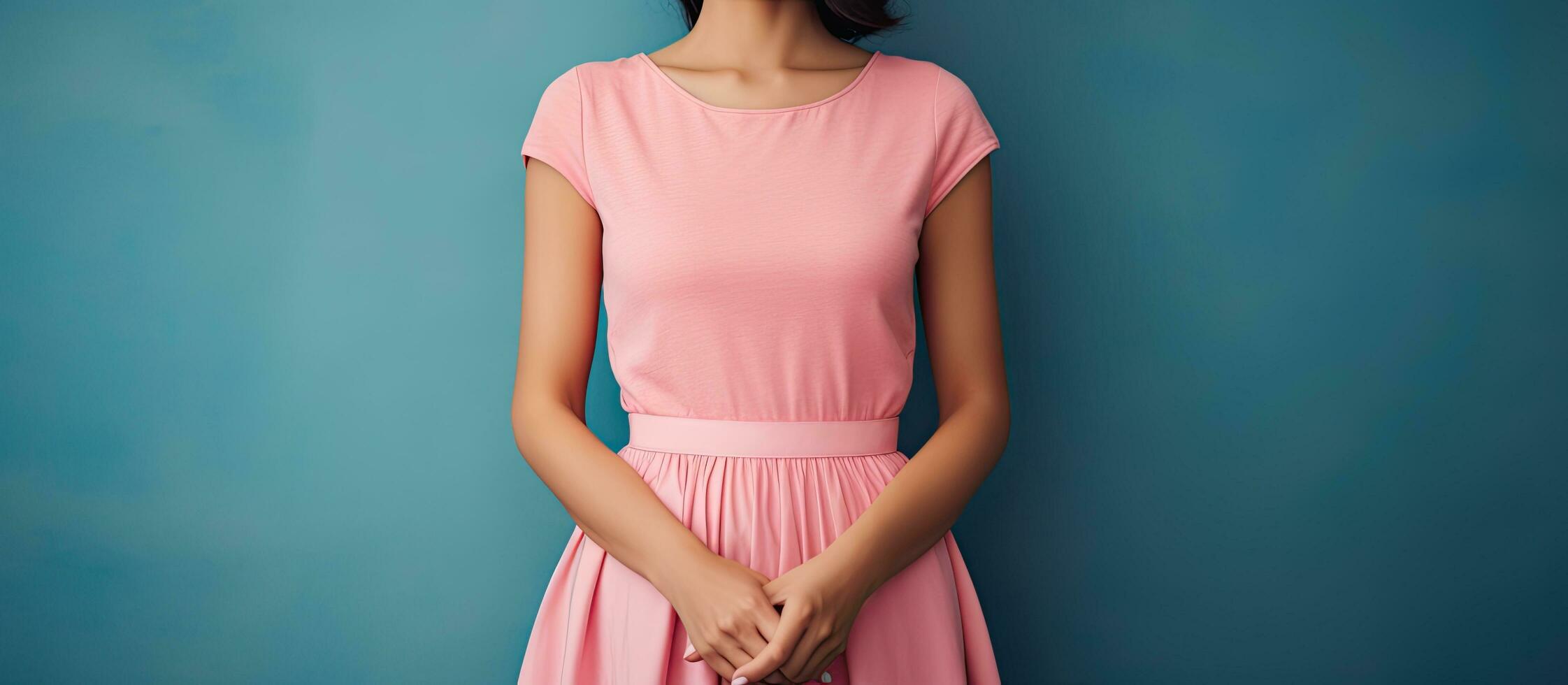 A young woman in a pink dress poses against a blue backdrop displaying a hand with space for text and placing the other hand on her waist photo
