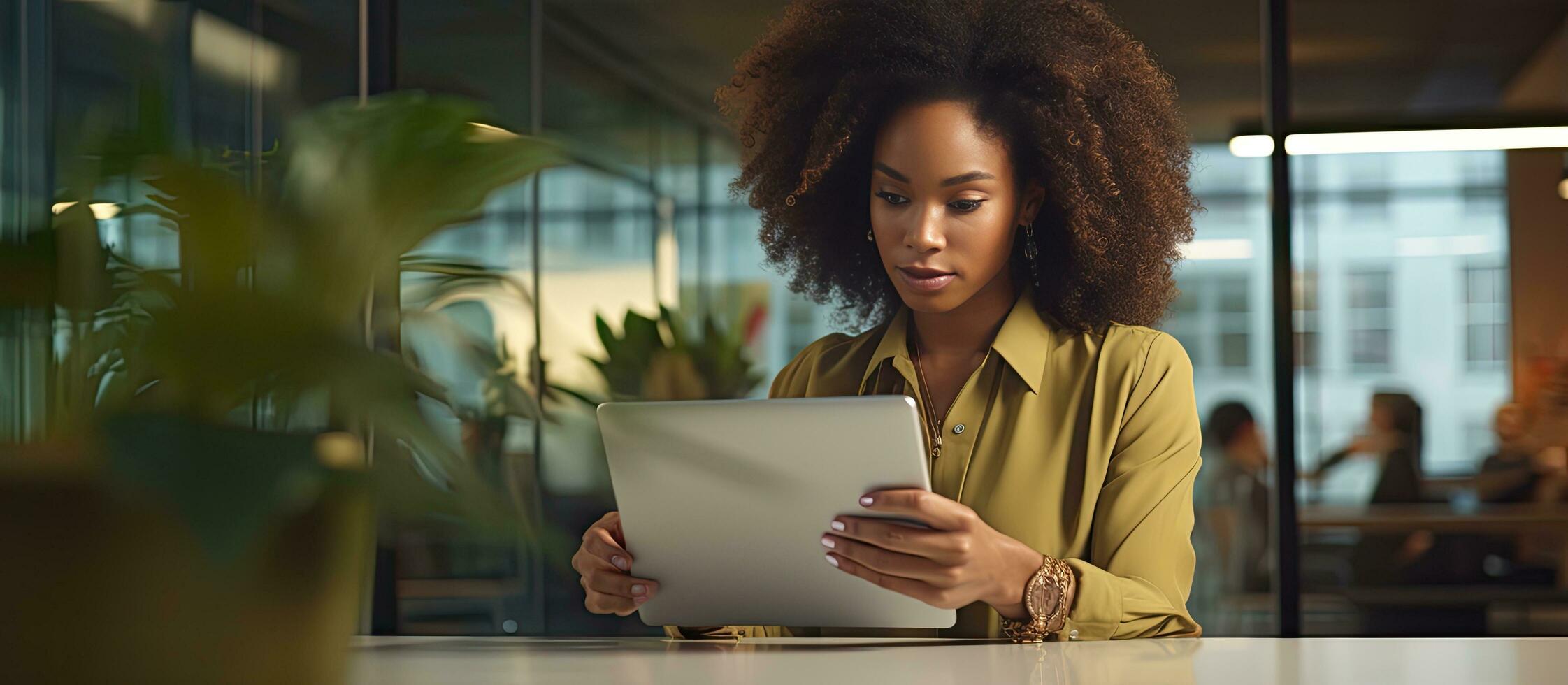 Black woman using tablet at work photo