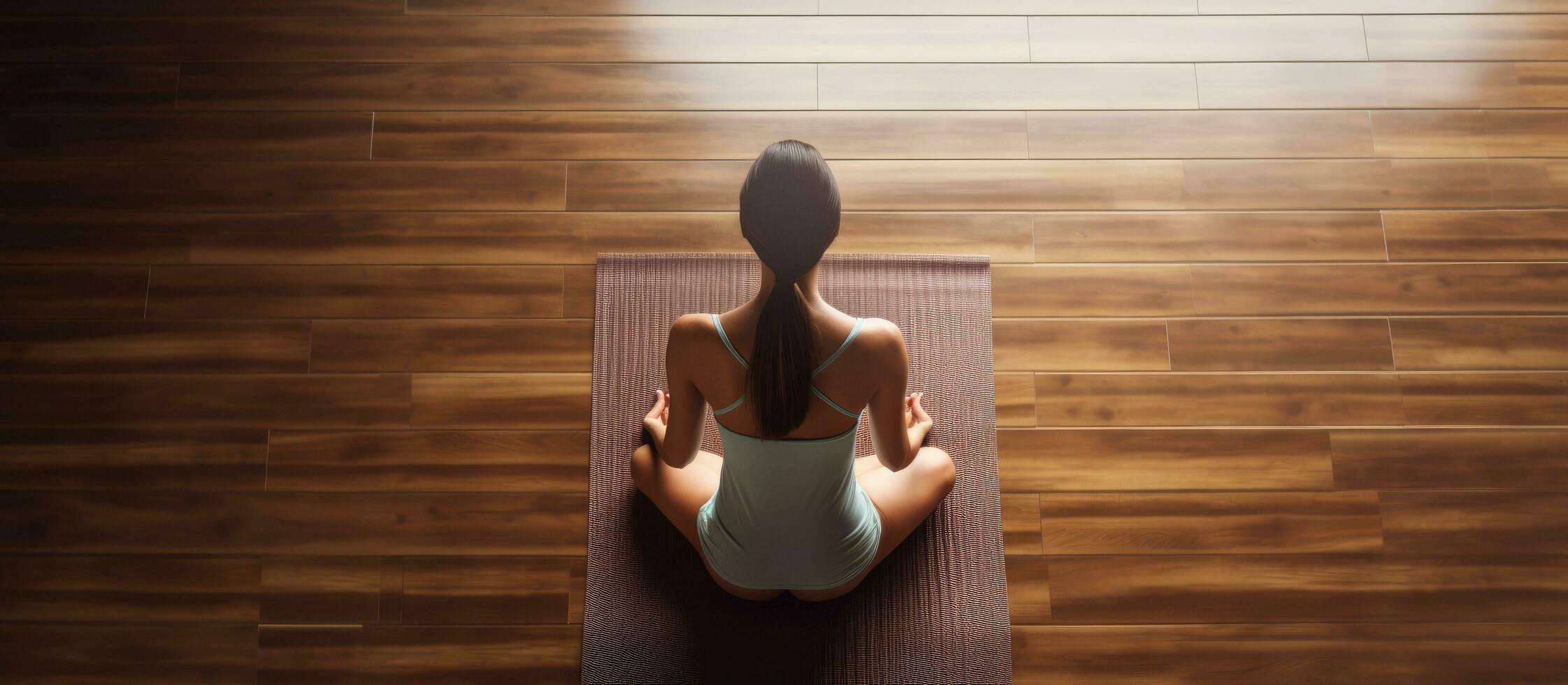 Top down view of a young woman doing yoga indoors sitting in a relaxed posture on a wooden floor meditating and finding inner peace creating copy space photo