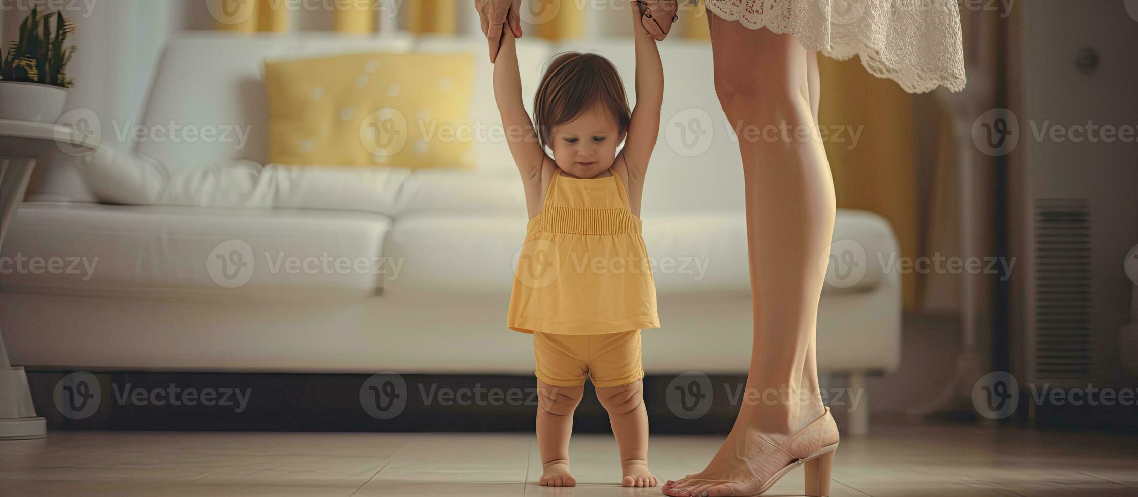 bebé en pie en mamá s pies aprendizaje a caminar con apoyo foto