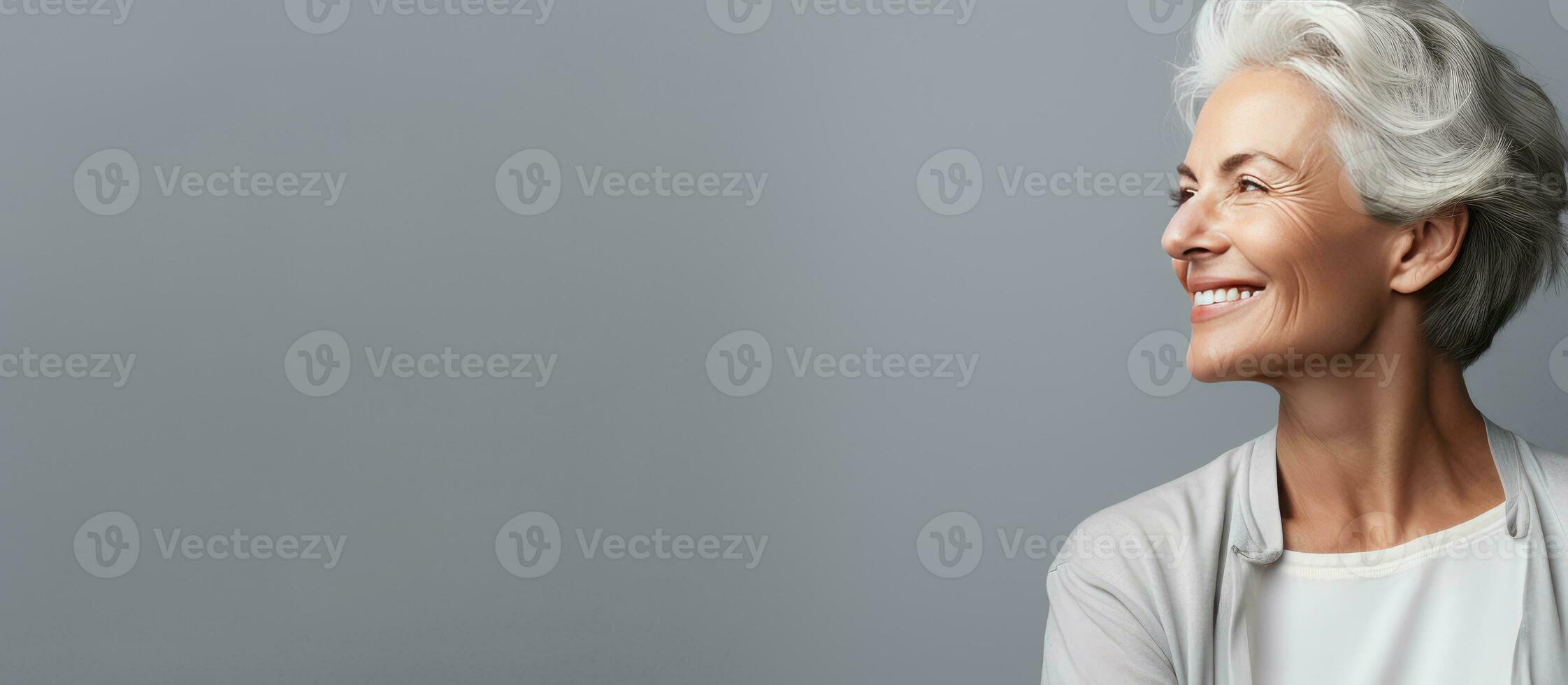 Happy older woman applying moisturizer looking aside posing isolated on grey background photo