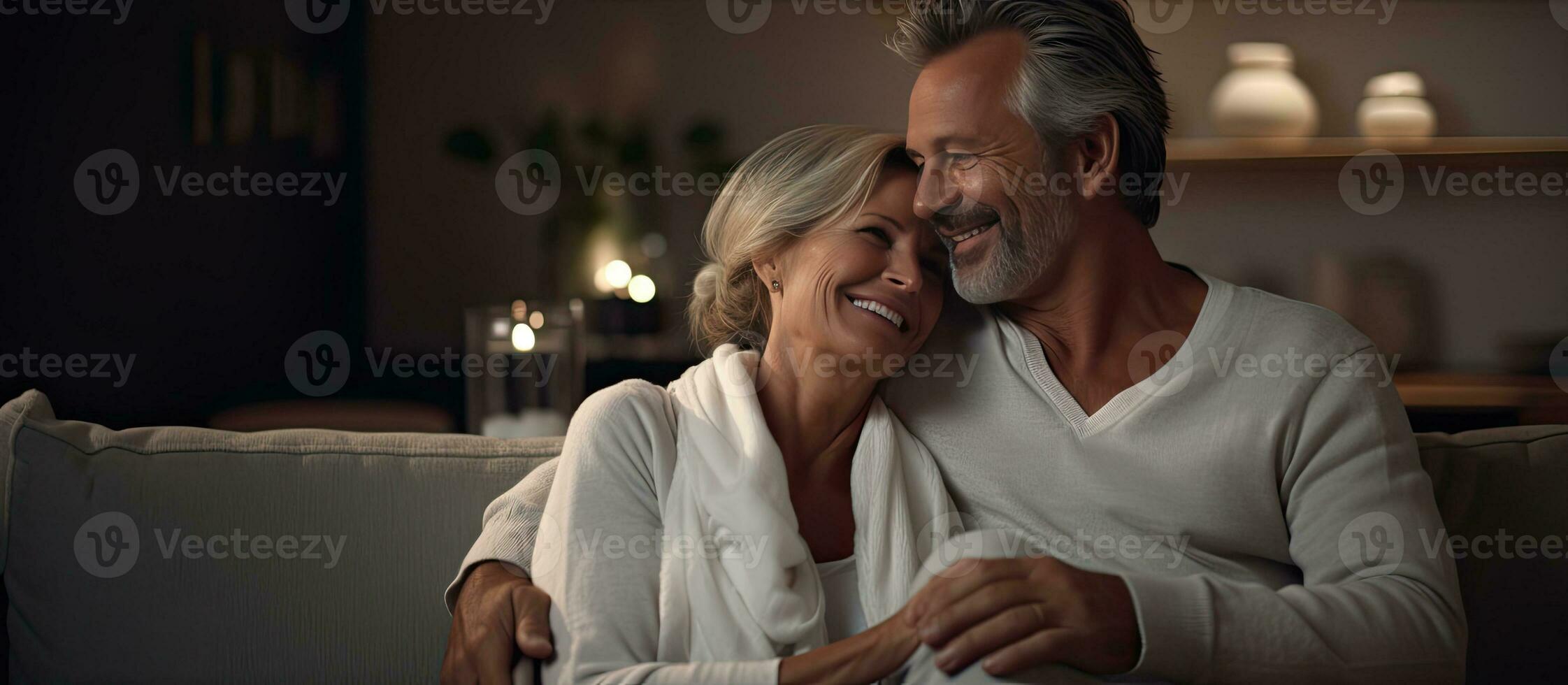 Middle aged couple on couch at home smiling and embracing enjoying weekend together in cozy living room photo