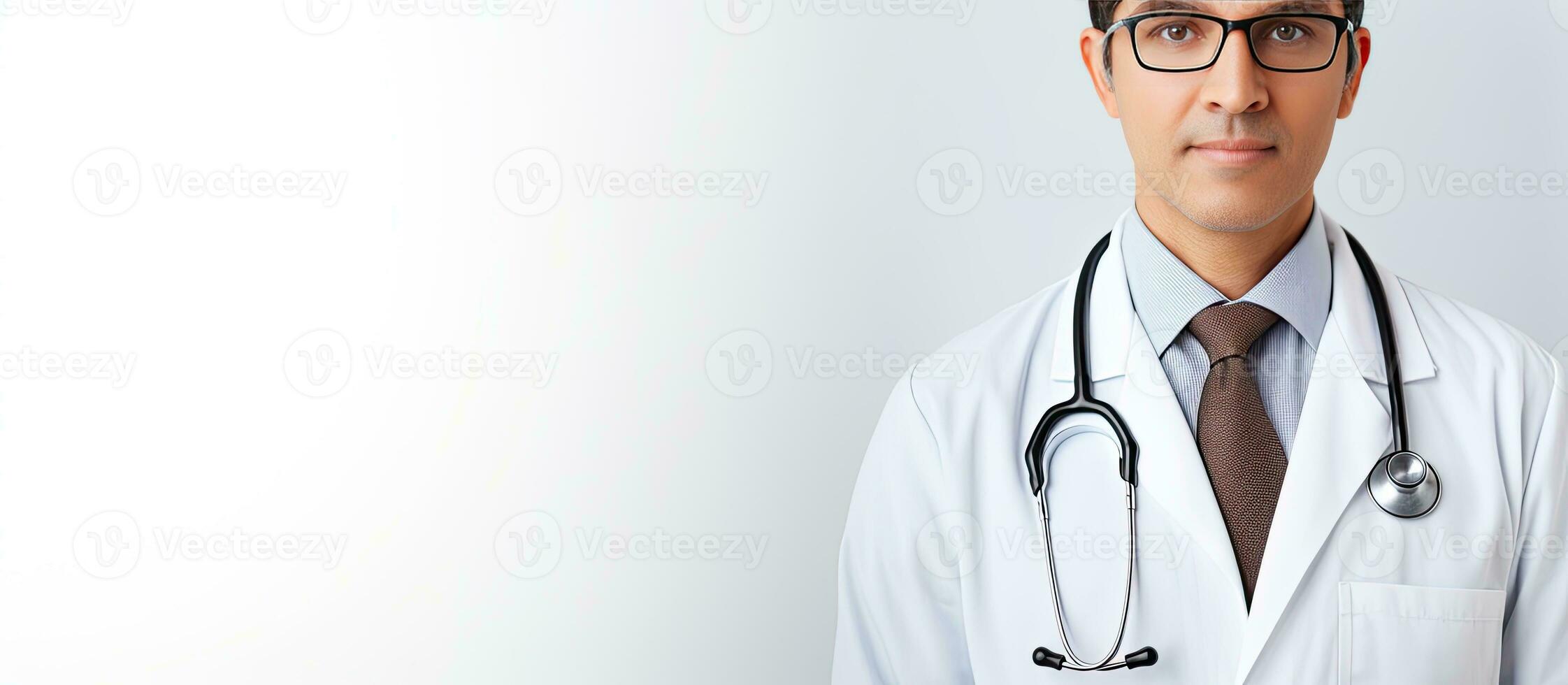 Doctor in white coat and eyeglasses holding stethoscope posing for camera on white background space for text photo