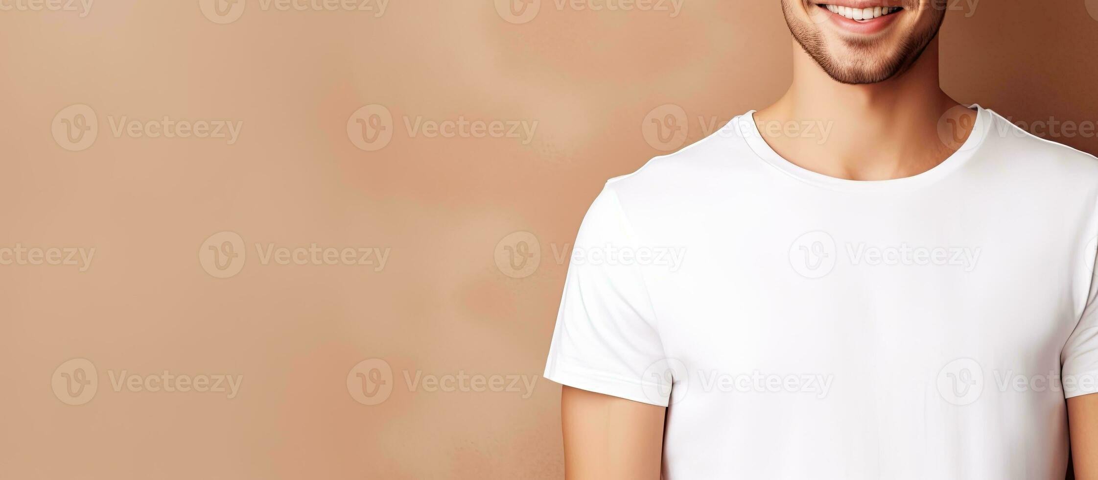 Stylish man smiling close up wearing white t shirt on beige background fashionably dressed empty space photo