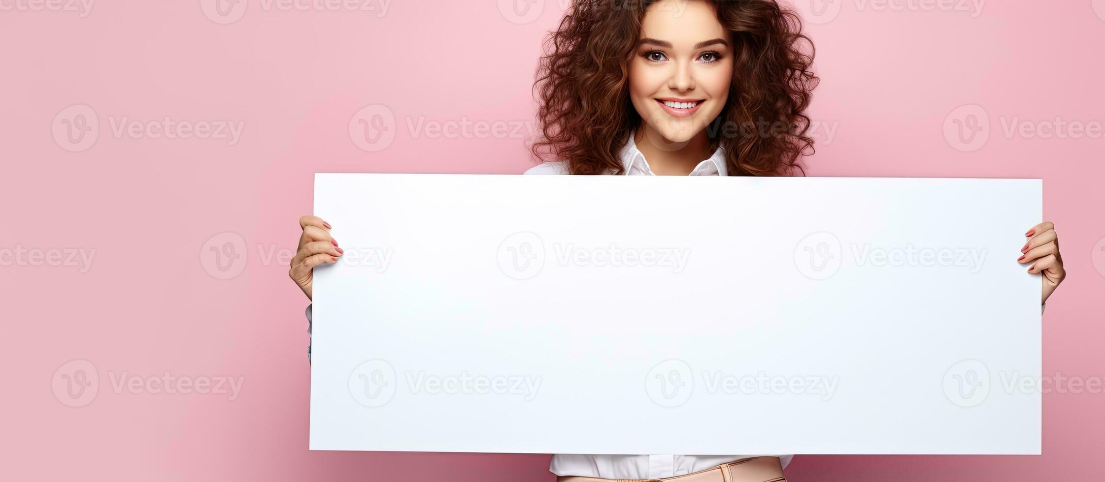 Smiling brunette woman stands by large empty advertising board pink background space for text photo