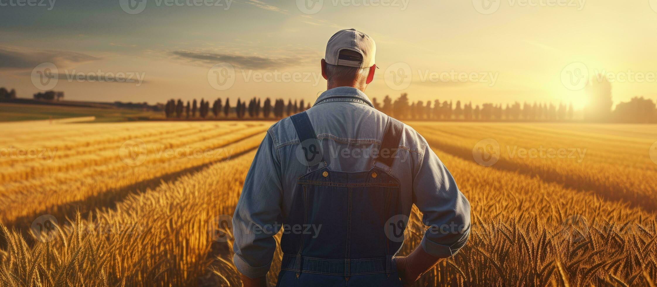 Farmer with tablet checks wheat field at sunset in rural meadow for a bountiful harvest photo
