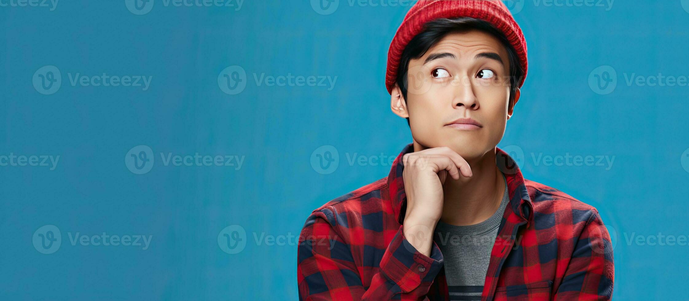 Serious Asian man in red plaid shirt wearing a beanie looks thoughtfully to the side against blue backdrop photo
