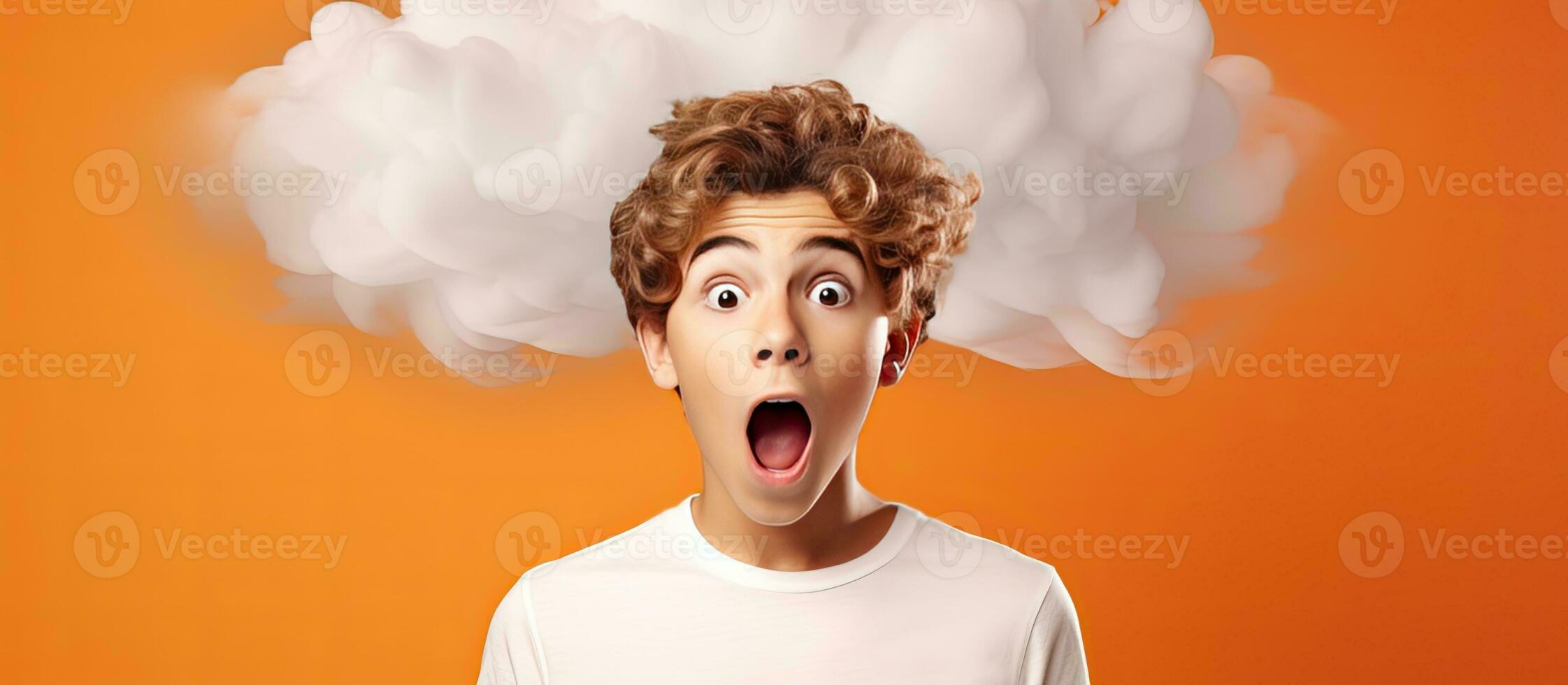 Surprised Caucasian teenage boy showcasing cloud design for advertisement and promotion isolated on orange backdrop Suggested for learning and school photo