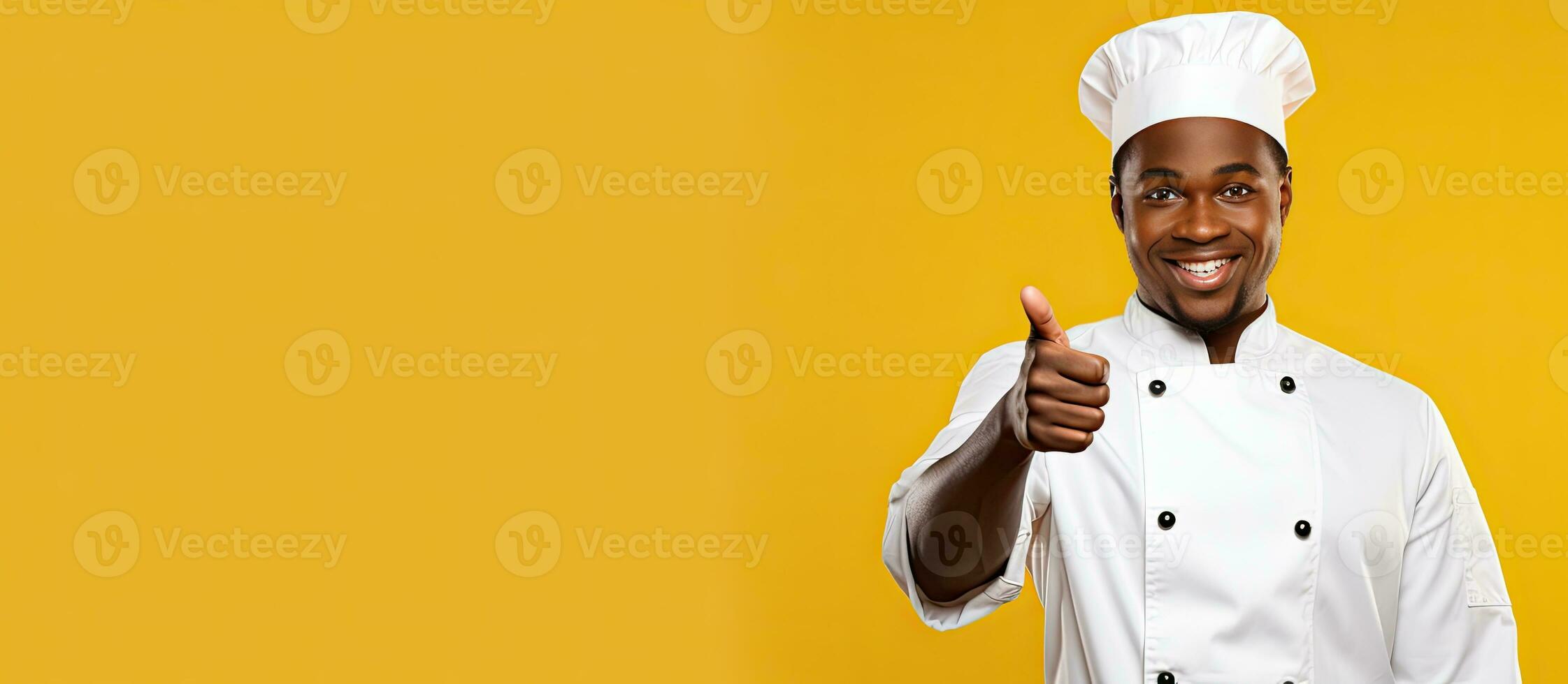 africano americano cocinero señalando a blanco espacio para anuncio foto