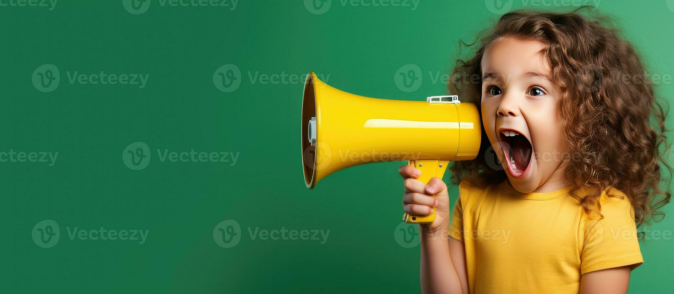A girl with a green T shirt is using a megaphone on a yellow background photo