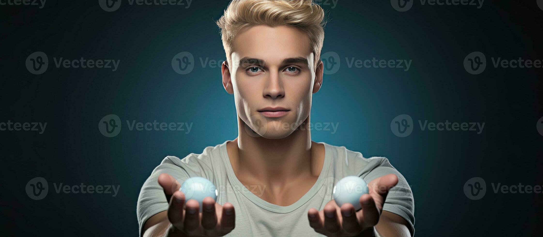 Young adult man with blond hair holding an object and presenting it on a blank background photo