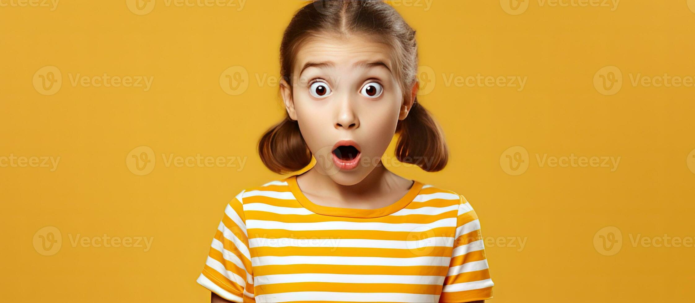 sorprendido caucásico niña en a rayas t camisa puntos en otra parte en Copiar espacio indicando alguna cosa foto