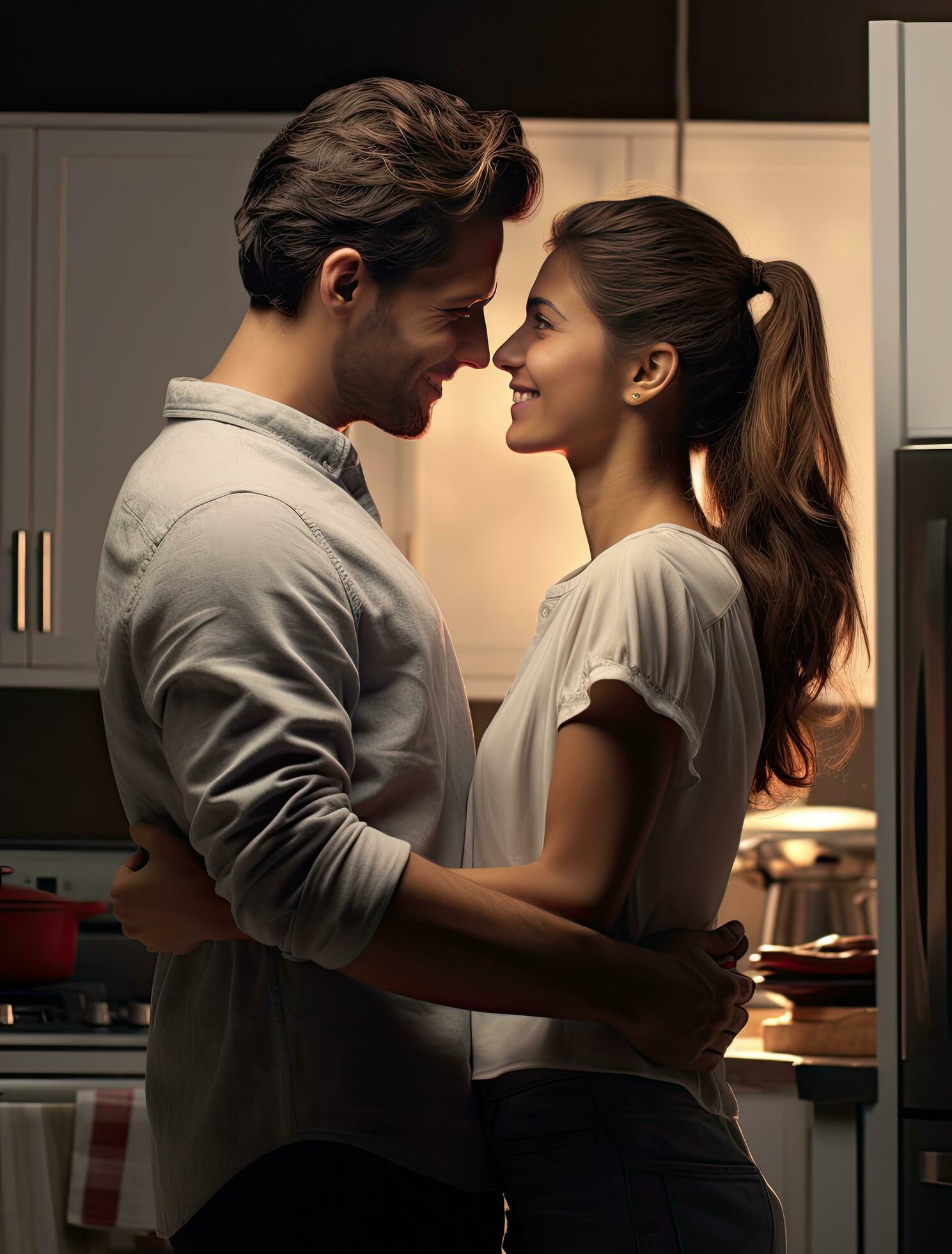 Minimal waist up portrait of affectionate couple in kitchen gazing
