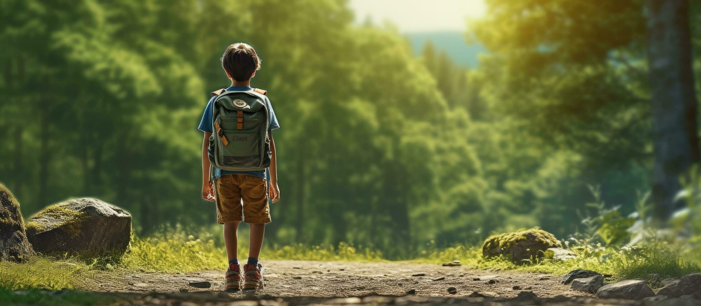 Caucasian boy exploring forest on National Public Lands Day emphasizing conservation volunteering and nature enjoyment photo