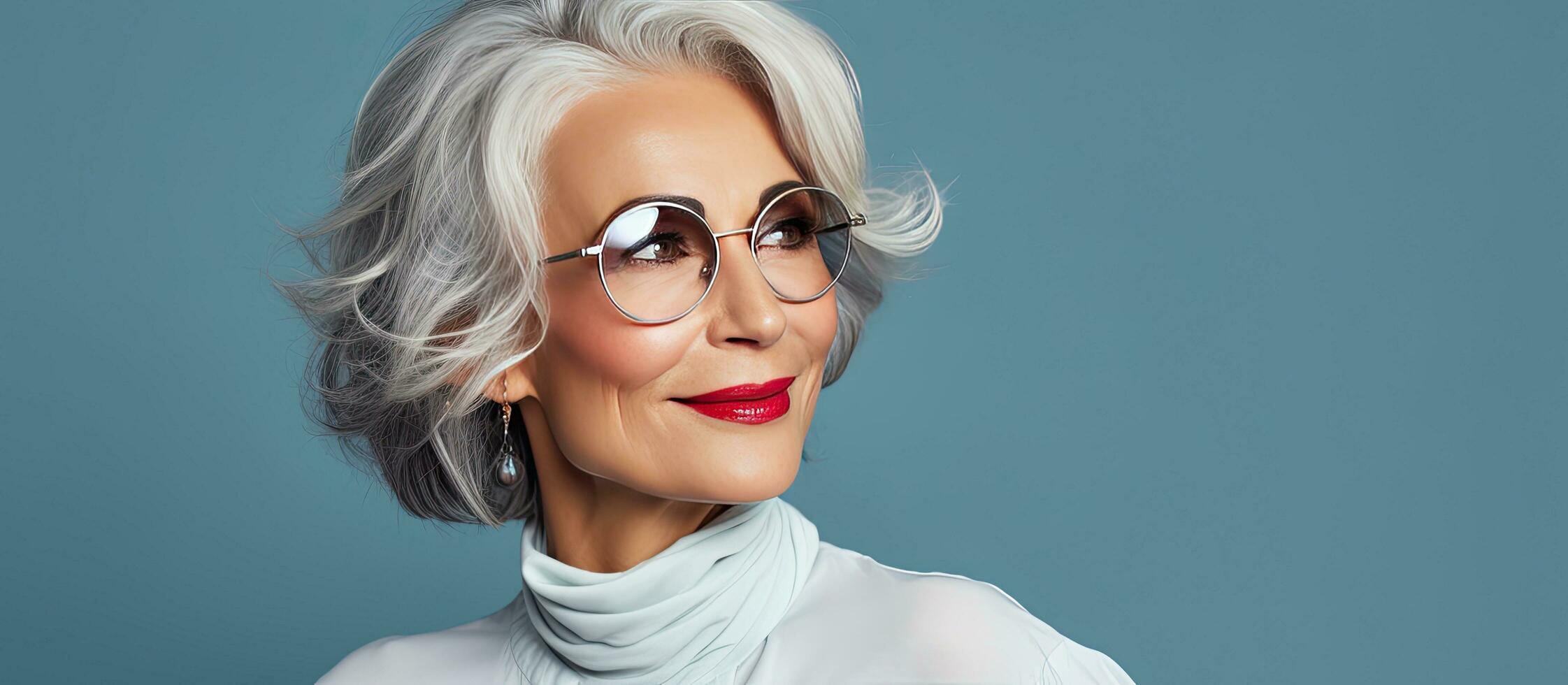 Smart stylish older woman with gray hair in a bright studio setting with room for text photo