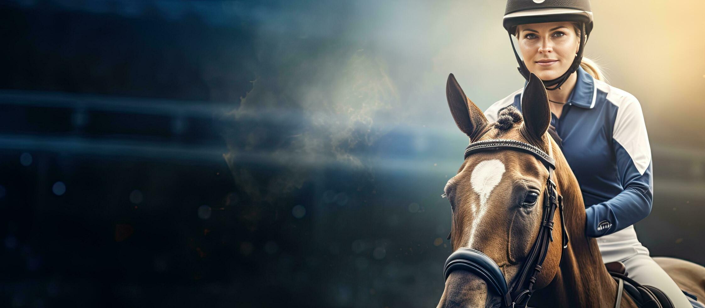 Young Caucasian woman riding horse in ranch with horse racing text and copy space Animal sport equestrian and competition theme photo