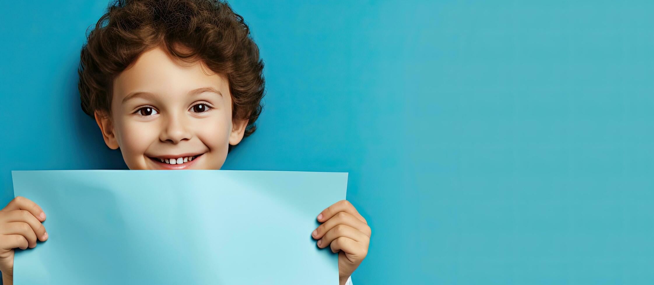 Child with blue paper and space for ad wearing a joyful expression photo