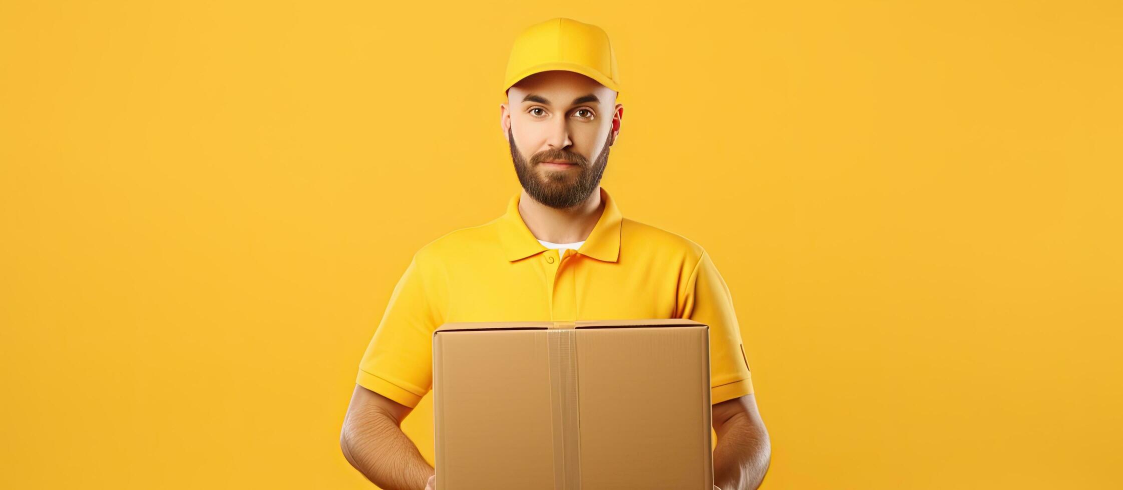 Courier holding big boxes on yellow background with room for text photo