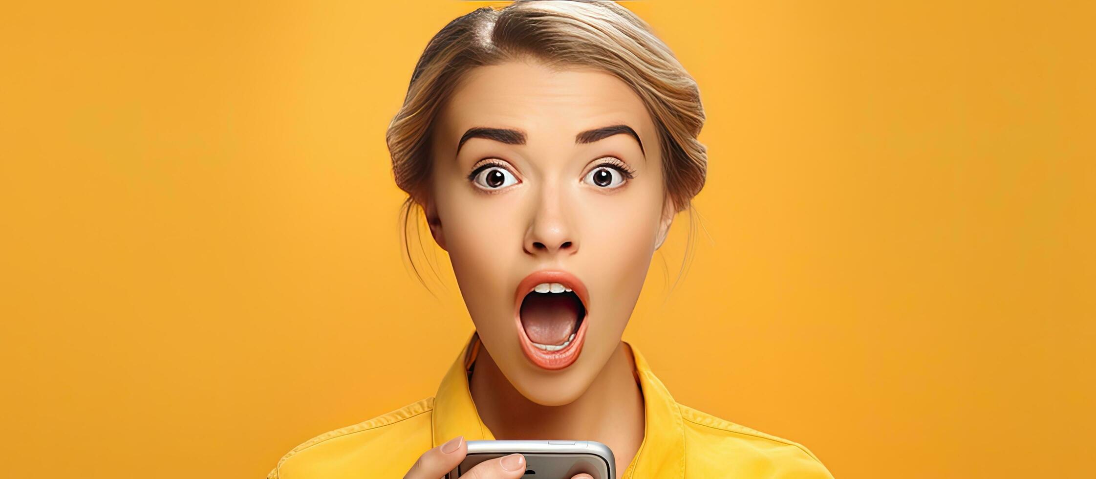 Woman with headphones using music app on yellow background for promo and plans photo