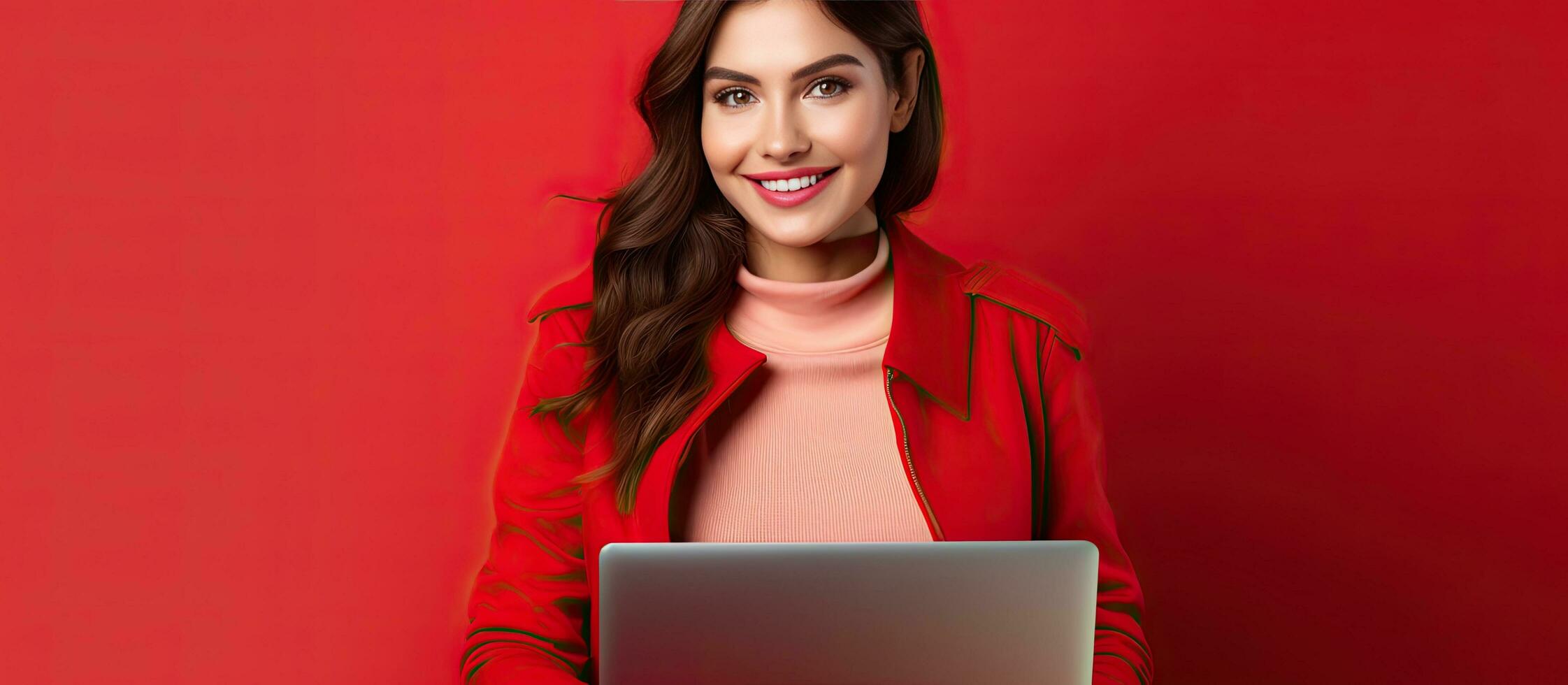 Smiling young woman in casual clothes using laptop on red wall background Lifestyle concept photo