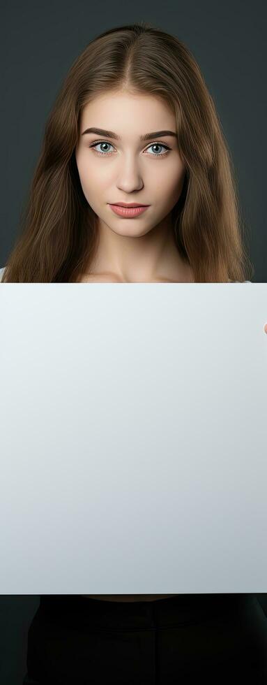 Beautiful young girl displaying empty signboard on gray background photo