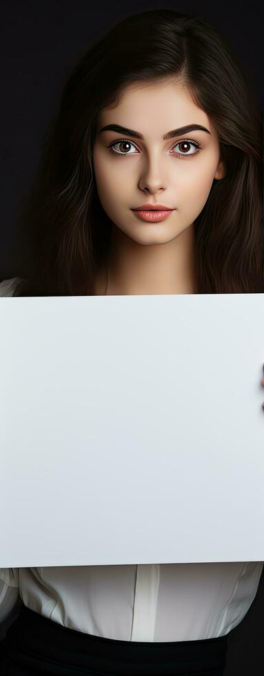 Beautiful young girl displaying empty signboard on gray background photo