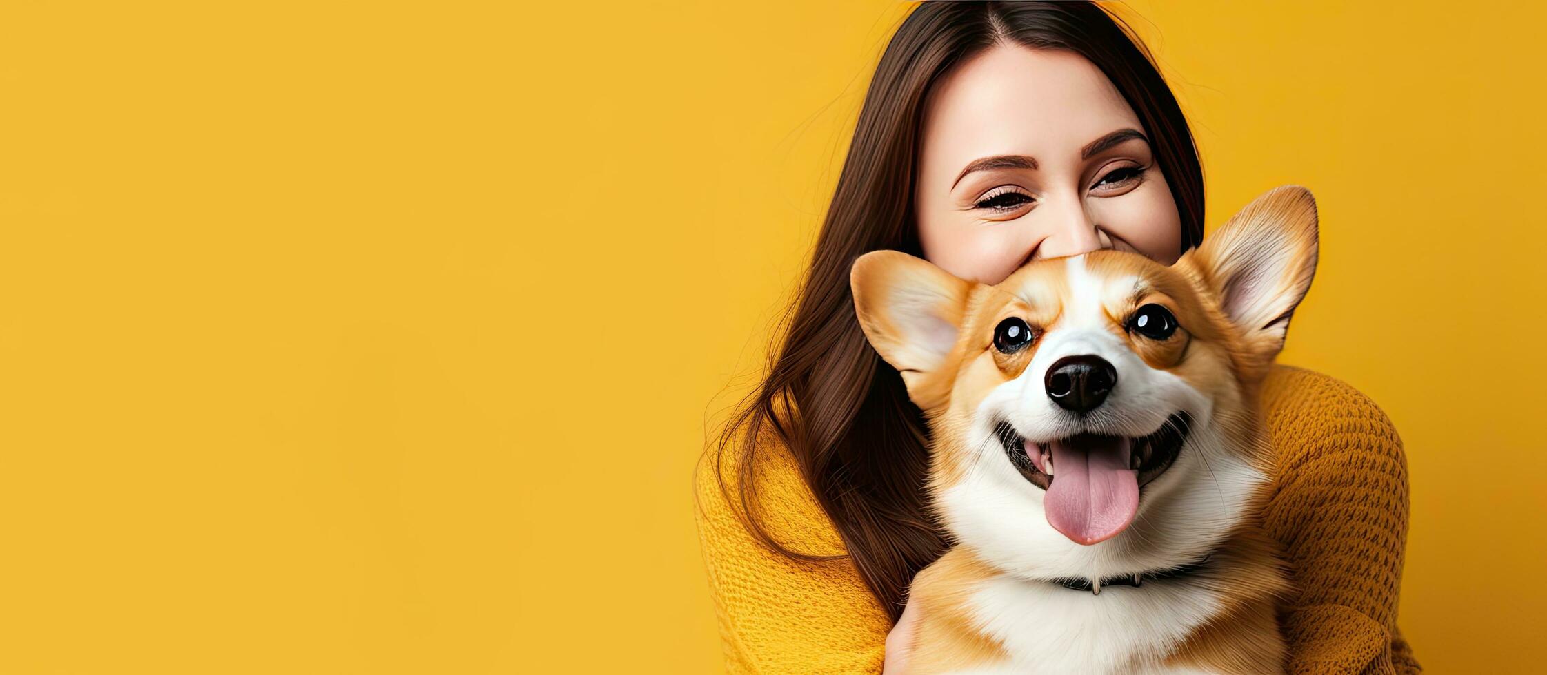 Young Caucasian woman holds corgi on yellow background lovingly embraces her pet photo