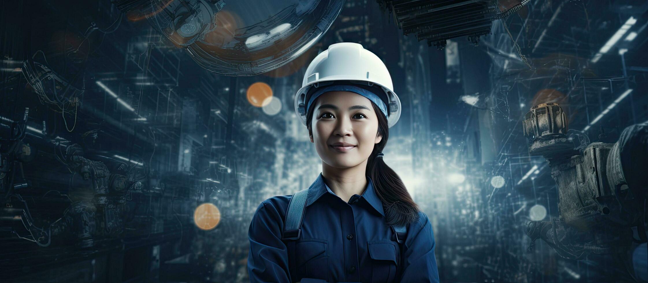 asiático mujer ingeniero con trabajo herramientas y texto secundario mujer en Ingenieria promoviendo un contento Campaña para carrera conciencia foto